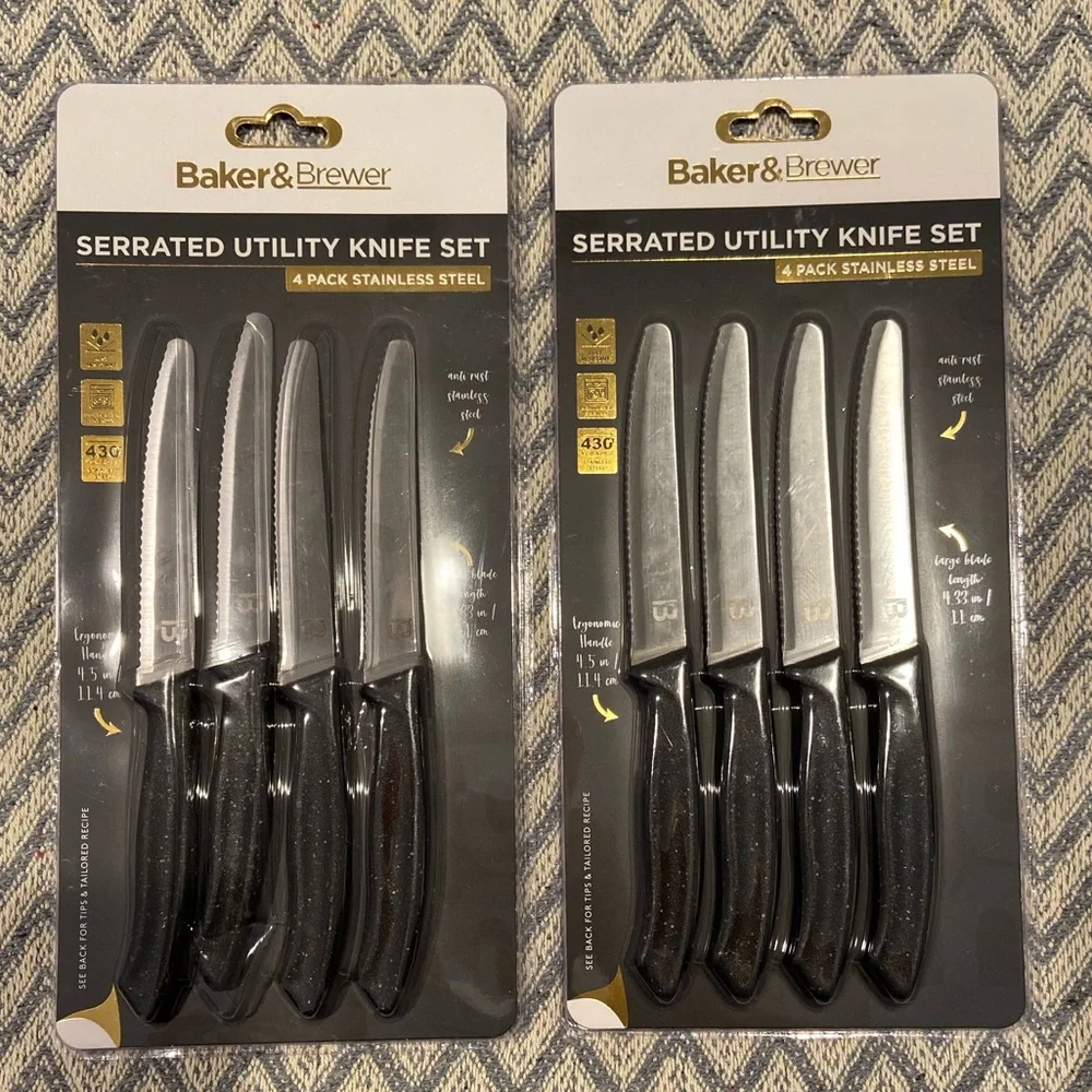 Baker & Brewer Serrated Utility Knife Set – 2 Packs (4 Knives Each)